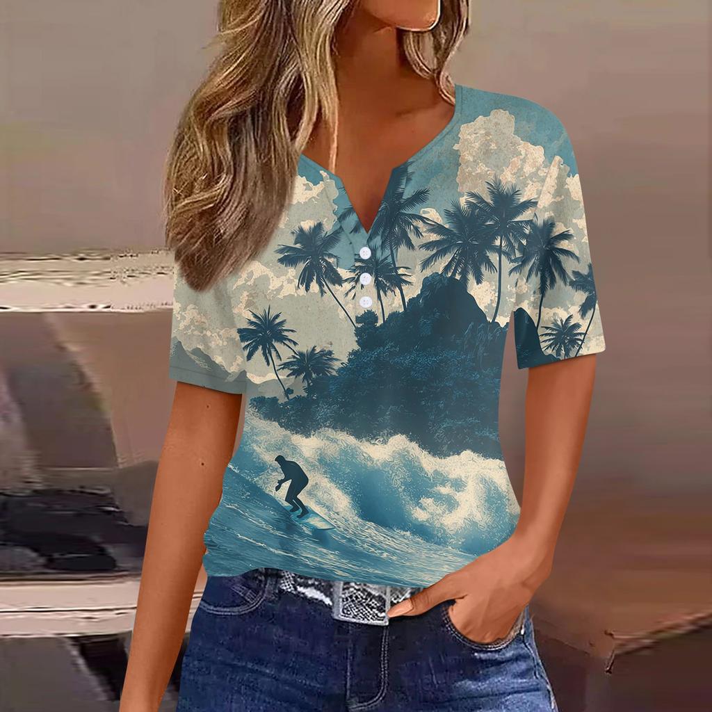 Top T-shirt casual alla moda da donna con stampa hawaiana, scollo a V, maniche corte, bottoni