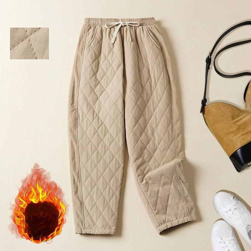 Retro Rhombisch Gesteppte Damen Hose, Damen Elastische Taille, Warme Haremshose, Lässige Dicke Baumwollhose