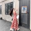 Summer new lace V-neck red plaid suspender skirt Spice girl style waist and thin holiday hip-wrapped dress