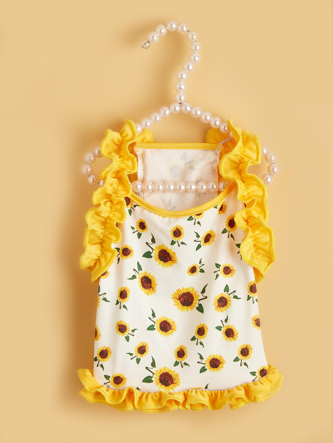 

Cute Dog Dress, Sunflower Pattern with Yellow Ruffle Trim, Small Gold Dog Girl Clothes Sweet Summer Skirt for Girl Dog Puppy Cat XS（old） золотой