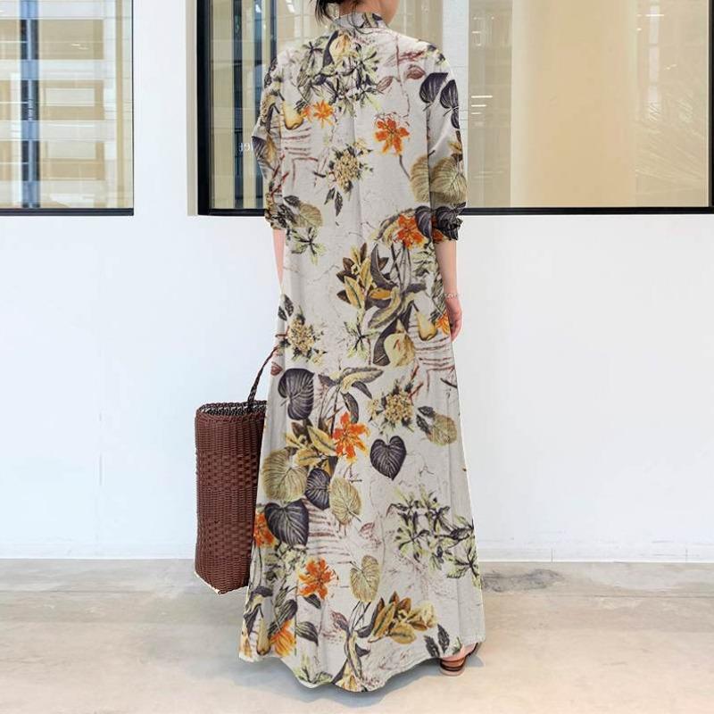Printed Lapel Long Sleeved Pocket Simple Loose Casual Long Shirt Dress