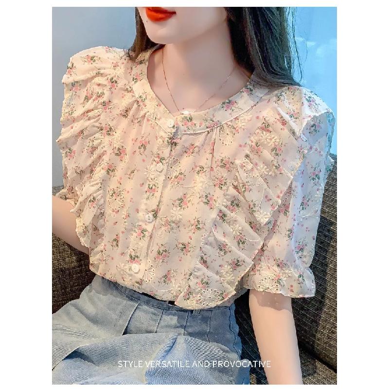 Ruffled floral chiffon blouse for women, summer 2026, sweet and elegant short-sleeved casual top