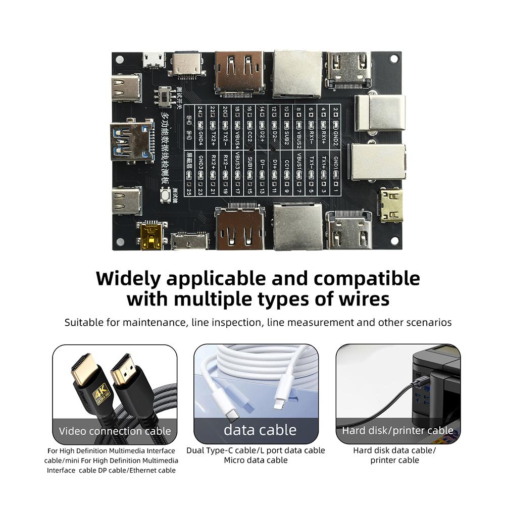 USB Data Cable Tester Type-C Type-B Micro Short Circuit Switch Test Board Ethernet Line Detection Module Built-in CR1220 Battery