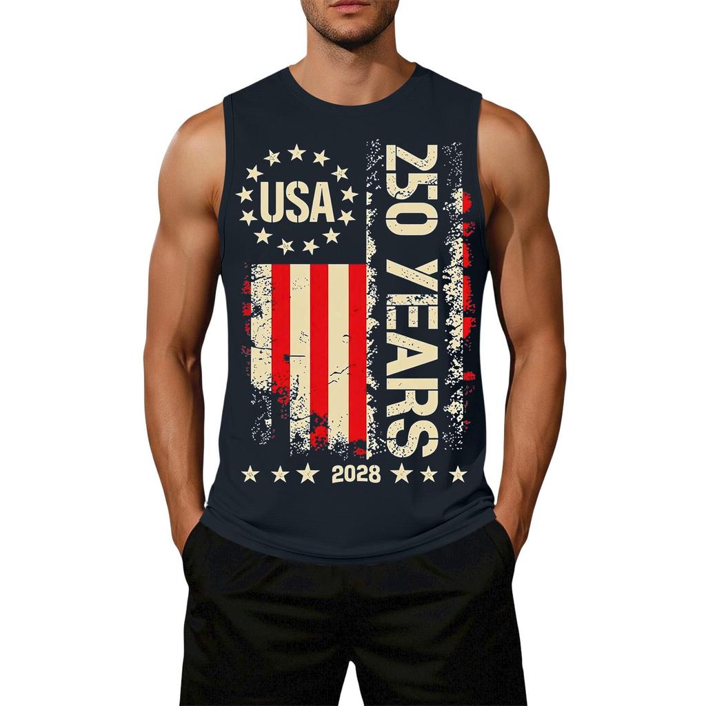 Men's Loose Fit Sleeveless Casual Top Flag Print Semi-Quincentennial USA 250 Years Graphic Tank Shirt Summer Wear