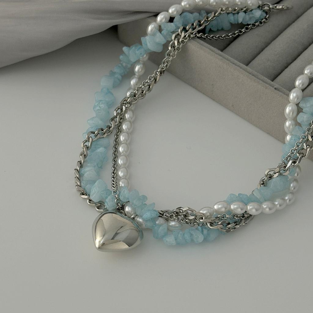 Elegant and Simple Heart-shaped Pendant Necklace, Fresh and Sweet Turquoise Imitation Pearl Necklace, Women's Daily Dating Jewelry Accessories