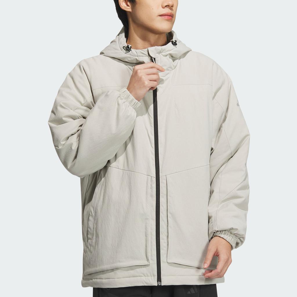 Adidas FW24 Lightweight Padded Waterproof Warm Sports Casual Hooded Long Sleeve Cotton Jacket Men Jackets Light-Gray JY4194