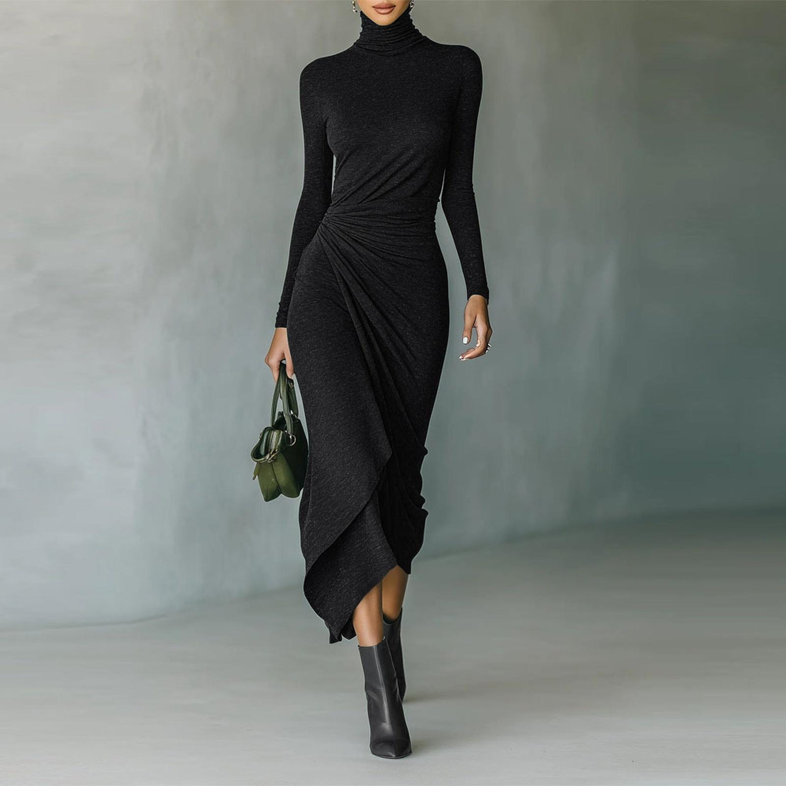 Women s Color Round Neck Long Sleeved Waist Cinched Dress L