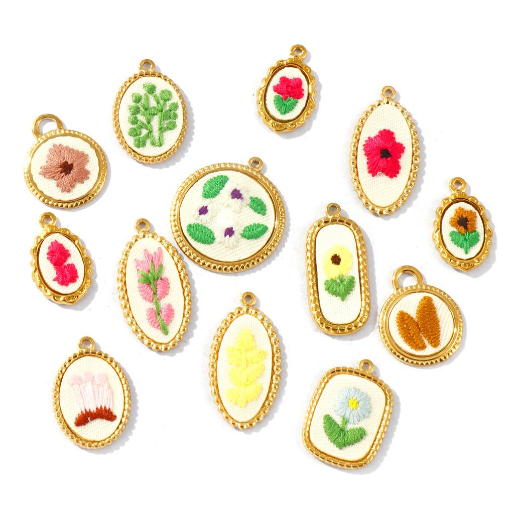 2Pcs Multicolor Geometric Flower Leaf Embroidered Charms 18K Gold Plated 304 Stainless Steel Pendant DIY Necklace Jewelry Making