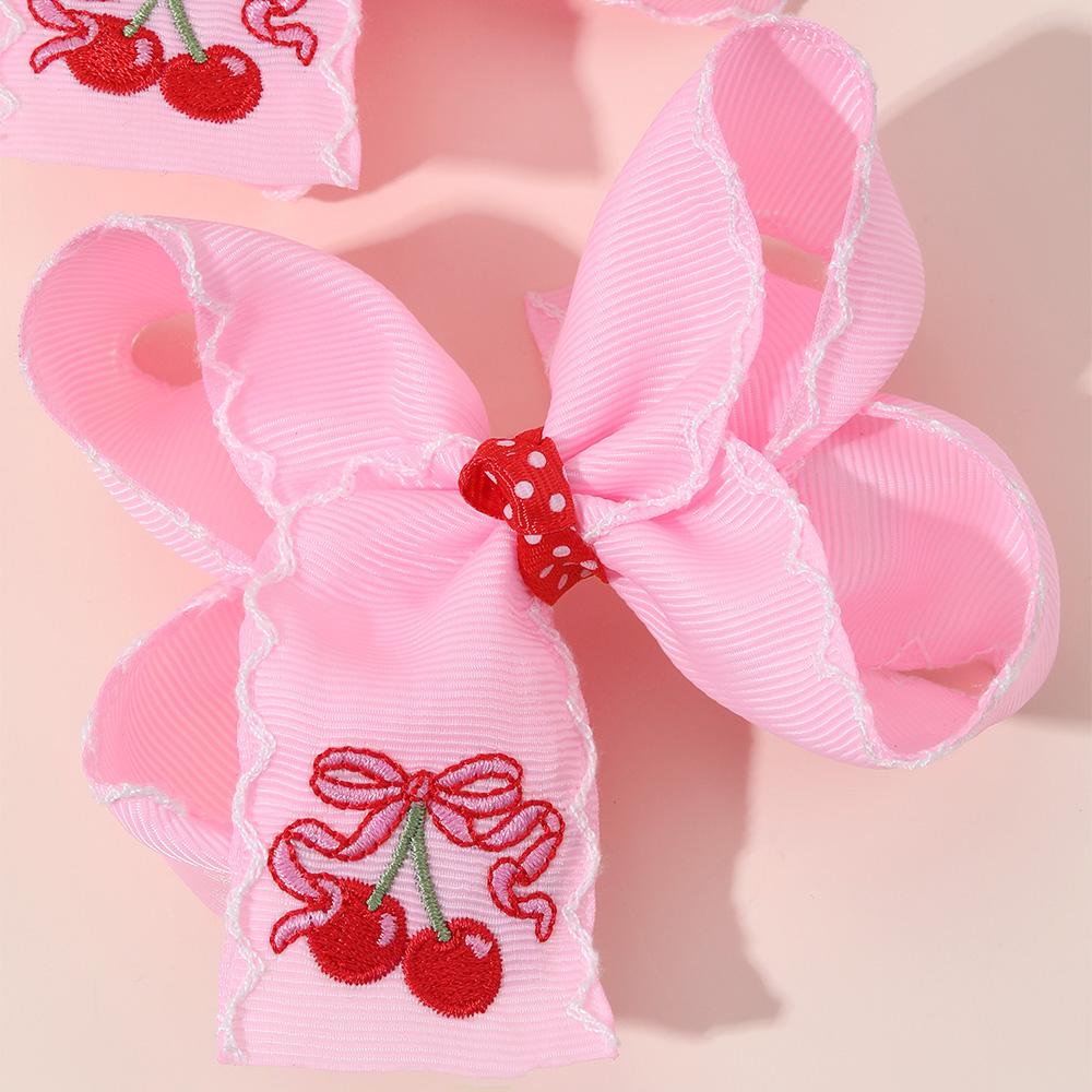 2Pcs New Cherry Bow Hair Clips Sweet Pink Ribbon Bownot Barrette Handmade Embroidery Fruit Hairpins For Girls Hair Accessories