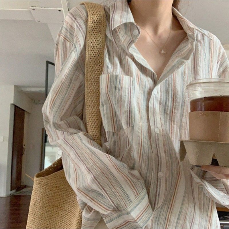 Oversize Women's Jmprs Korean Vintage Striped Shirts Long Sleeve Designed Summer Cotton Loose Button Up Shirt Female Tops
