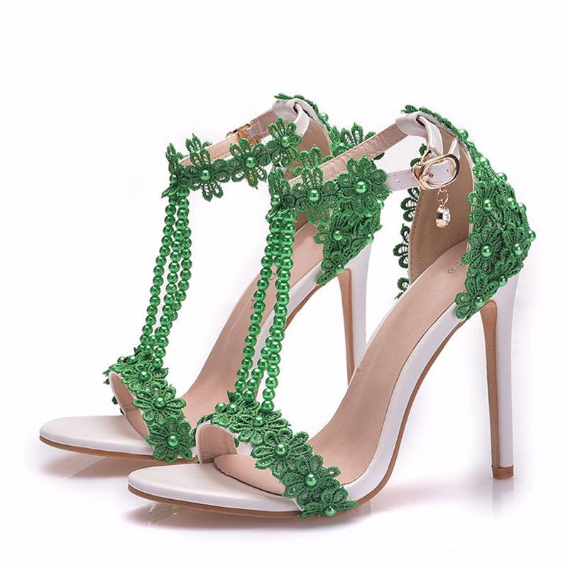 Big Size 43 44 45 Women Sexy Stiletto Sandals Summer Fashion Pearl Flowers Ankle Strap Elegant High Heels Party Prom Shoes