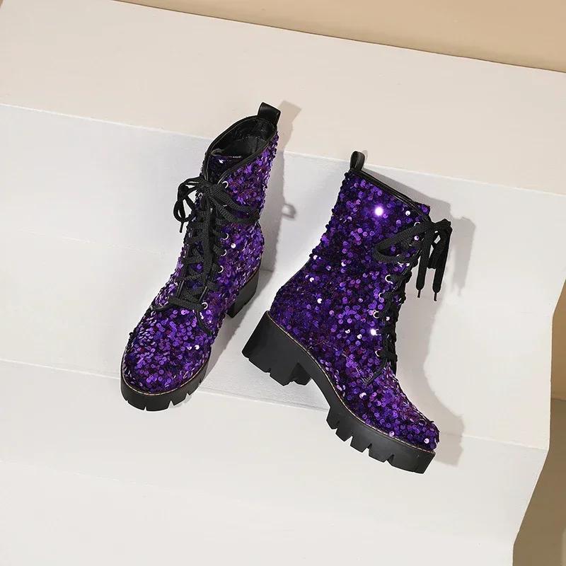 Pink Bling British Women Platform Ankle Boots Gold Sequined Cloth High Thick Heels Round Toe Lace-up Ladies Platform Short Boots