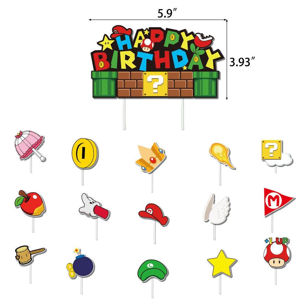 Mario Party Decorations: Birthday Pull Flags, Cake Toppers & Balloon Set
