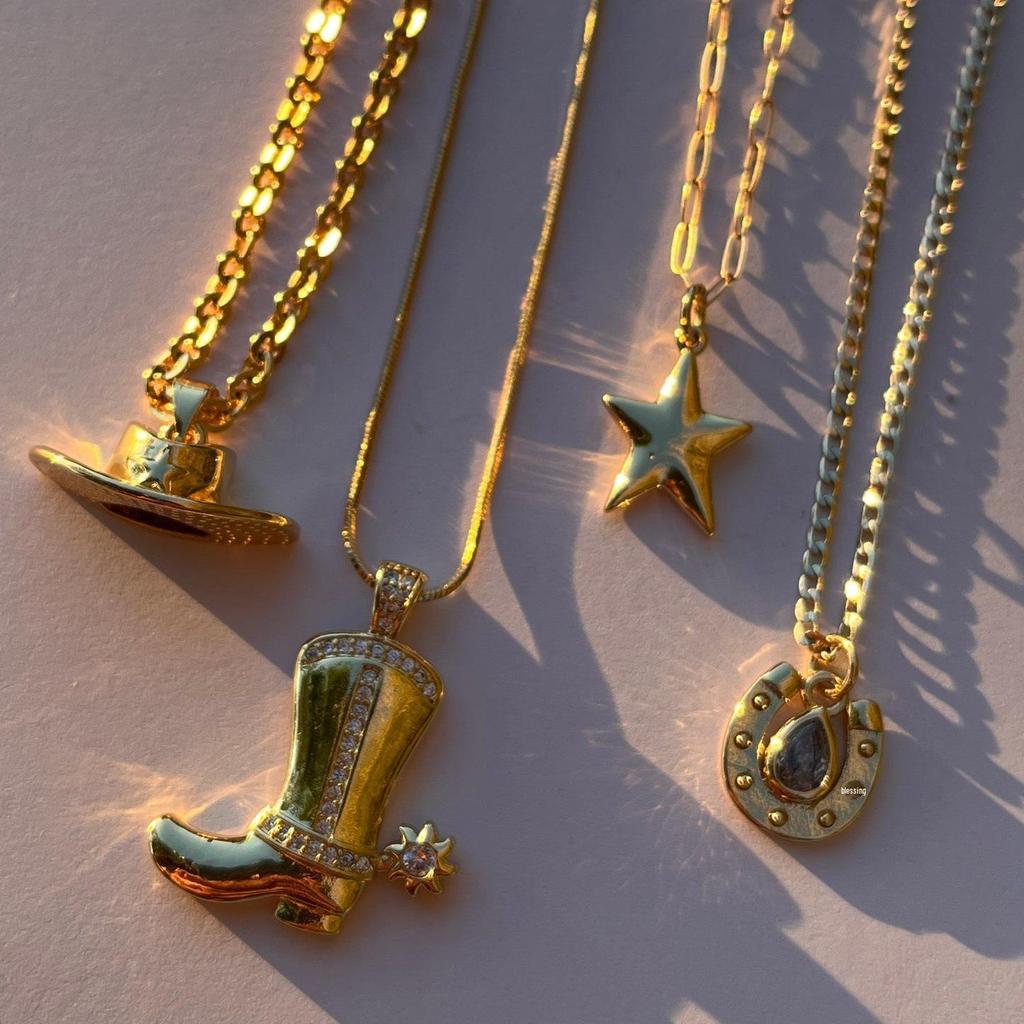 Stainless Steel Retro Cowboy Boots & Horseshoe Necklace with 18K Gold Electroplating