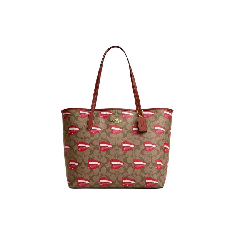 

COACH shoulder bag Tom Wesselmann co-branded City 33 letter logo coated canvas and leather Tote Tote shopping hand large size women s khaki коричневий