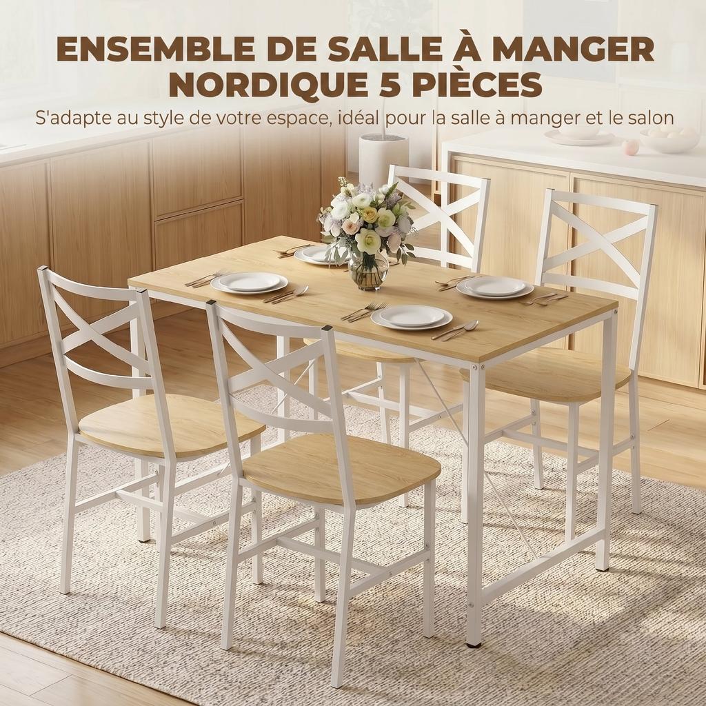 Dining Table Set with 4 Chairs, Natural Wood and White