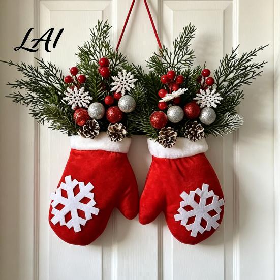 Christmas Hanging Ornaments Mitten Door Hanger Red White Glove Ornament with Pine Cone Berries Holiday Home Accents Fabric Wall Decor for