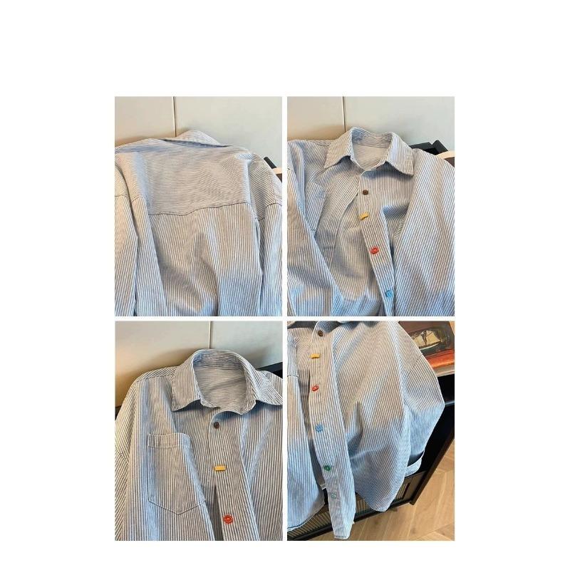 Baumwolle Gestreift Retro Schlicht POLO Kragen Hemd Damen Sonne Kontrastfarbe Locker Vielseitig Frühling Langarm Oberteil