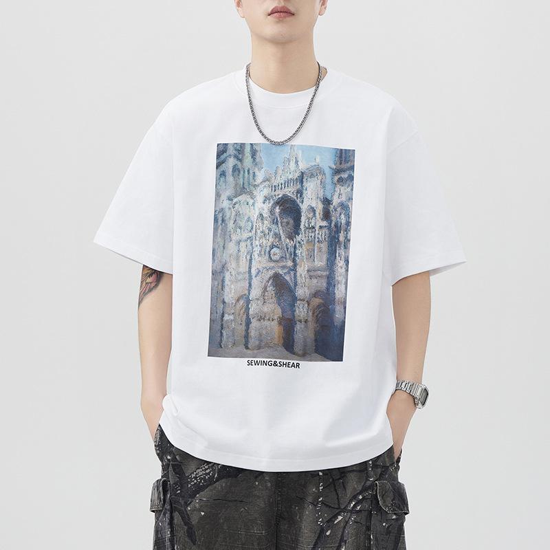 Summer Heavy 300g Embroidered Short-sleeved T-shirt for Men's American Loose Japanese Casual T-shirt