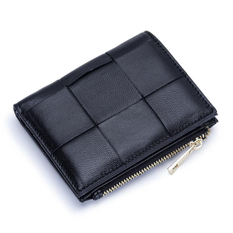 Women's Short Lambskin Woven Wallet: Foldable Card Holder & Zipper Coin Purse (2025)