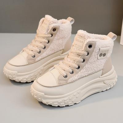 Winter High Top Women's Shoes with Velvet Cotton Shoes for Warmth, Lamb Fleece Thick Bottom, Height Increasing Sports Cotton Shoes
