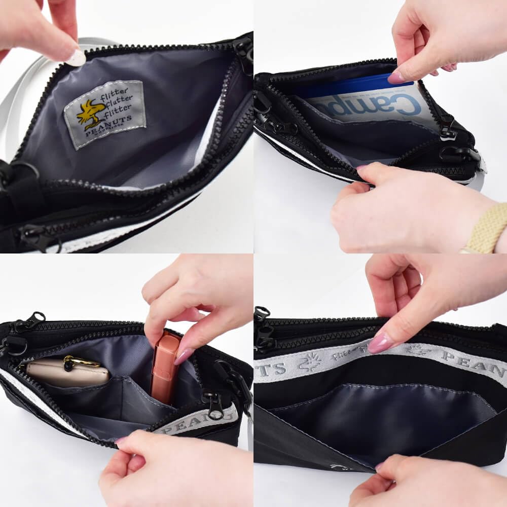 Marimo Craft SPZ-3974 Shoulder Bag, Sacoche, 2-Room, Sorting, Snoopy, Black, Woodstock