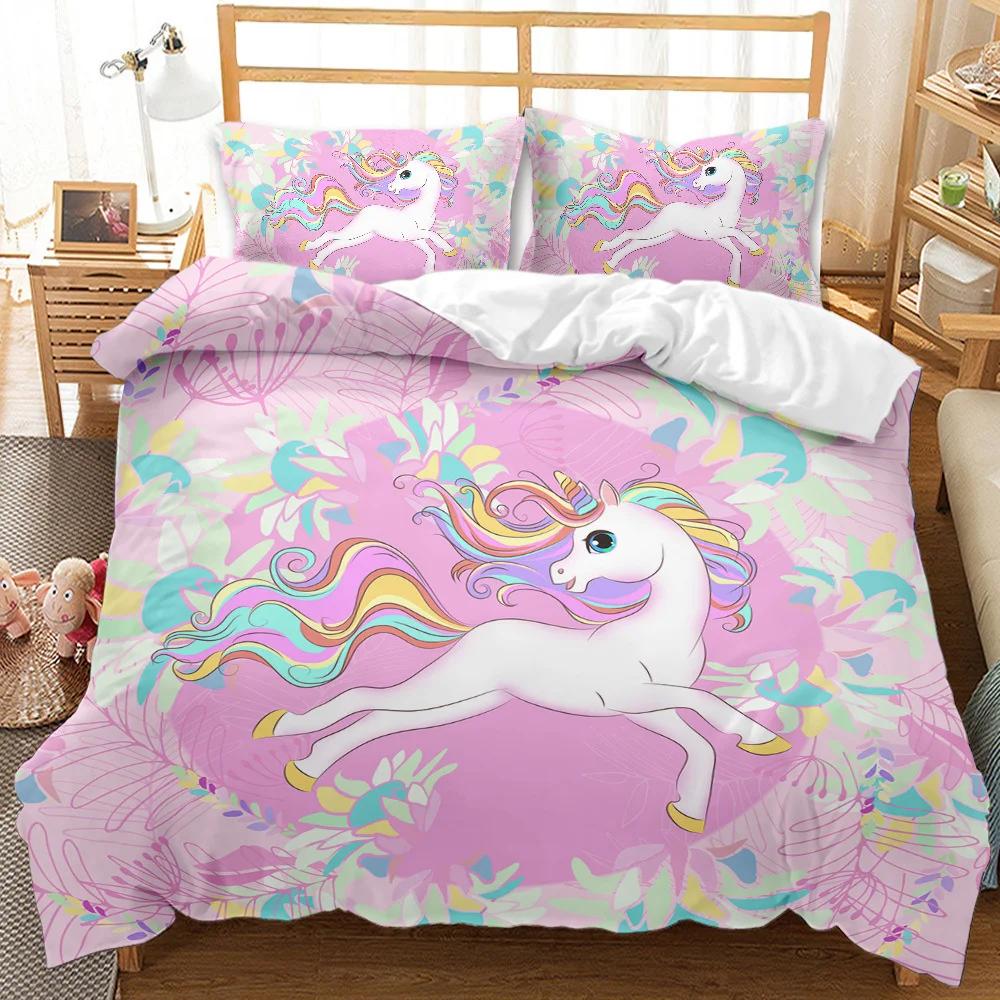 Unicorn Kids Girls Pink 3D Bedding Set Duvet Cover Sale Cartoon Bedcllothes Animal Printed Queen King Size Home Duvet Covers