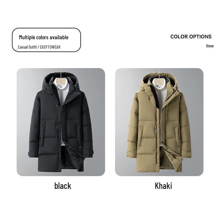 Men's Mid-Length Hooded Black Down Jacket - Thickened Winter White Duck Down Coat for Warmth
