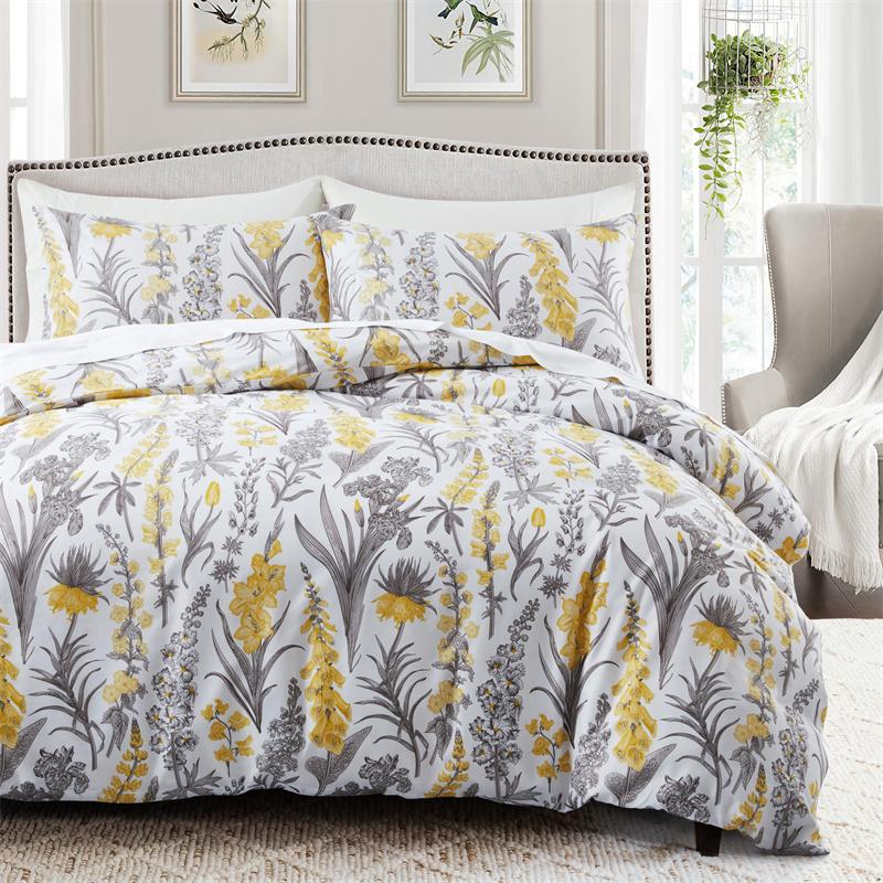 Light Grey Floral Duvet Cover Queen King, Microfiber Flower Plum Blossom Print Bedding Set Reversible Botanical Comforter Cover