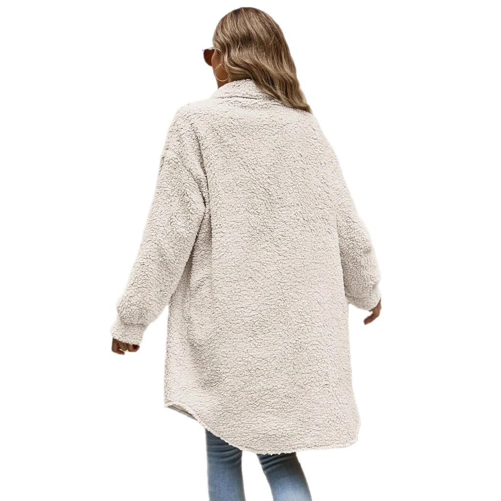 New European and American winter open-button lapel plush jacket loose temperament long coat women