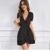 European and American New Retro Polka Dot Short Skirt V-neck Waist Irregular French Sweet and Spicy Dating Holiday Dress