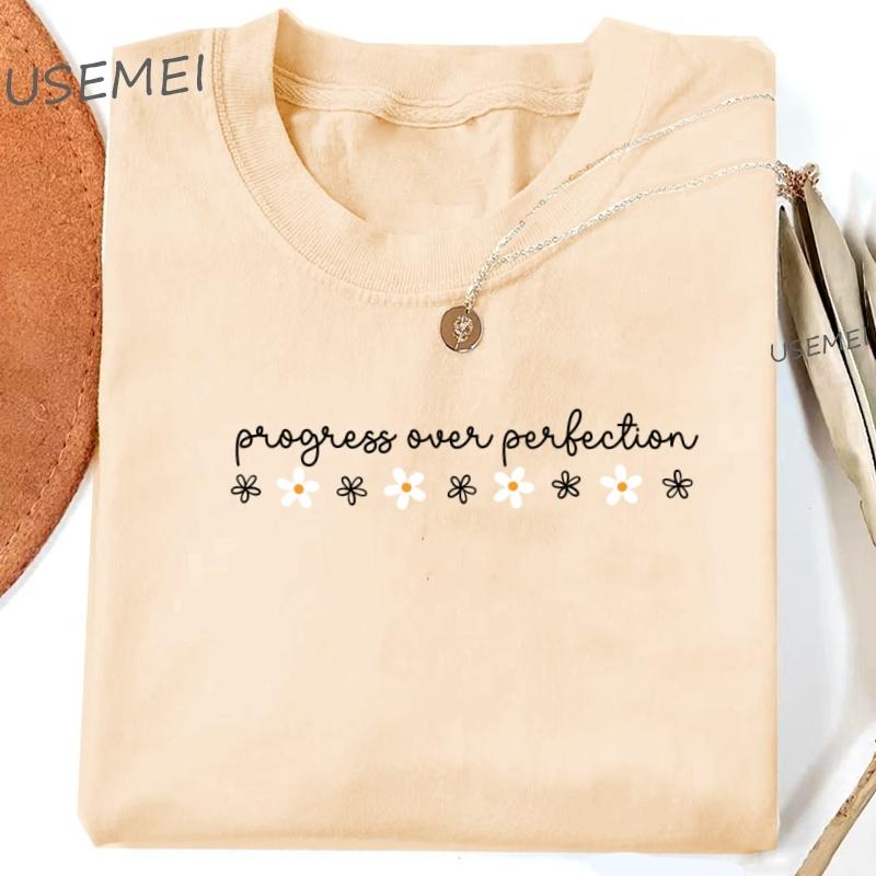 Progress Over Perfection T Shirt Inspirational Teacher TShirt Woman Funny T Shirts Graphic Tee Ladies Clothes Washed Clothes