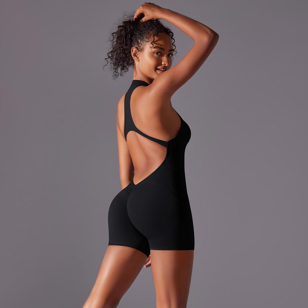 Sommar Scrunch Gym Jumpsuit Damträningsdräkt Korta set Sportoveraller för kvinna Träningsdräkt Yogakläder Dragkedja Träning Sportkläder Med bröst