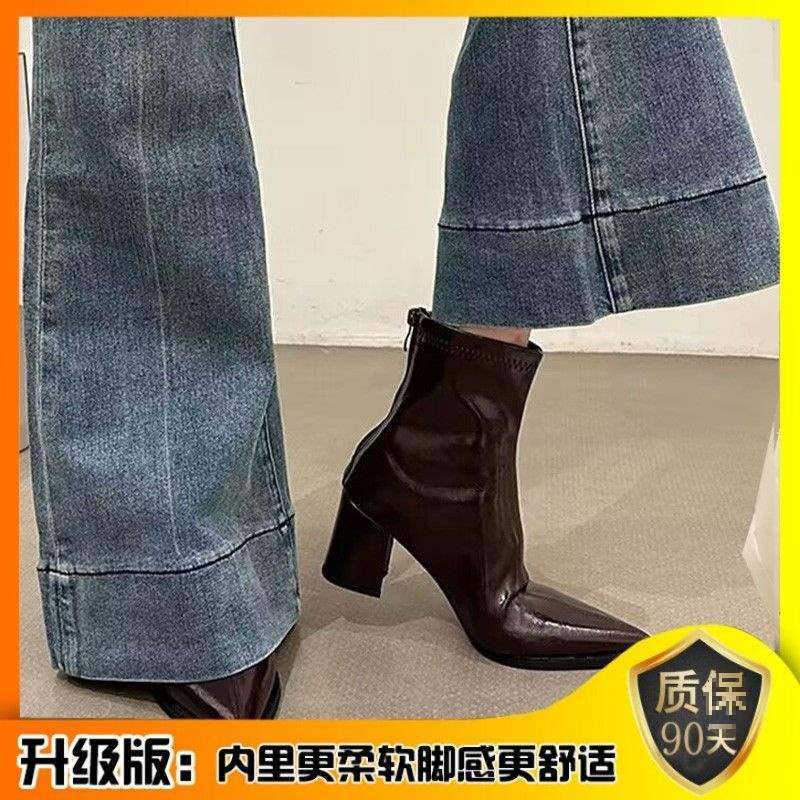 High-heeled short boots women's thick heel pointed rear zipper 2025 new autumn and winter versatile black Martin boots