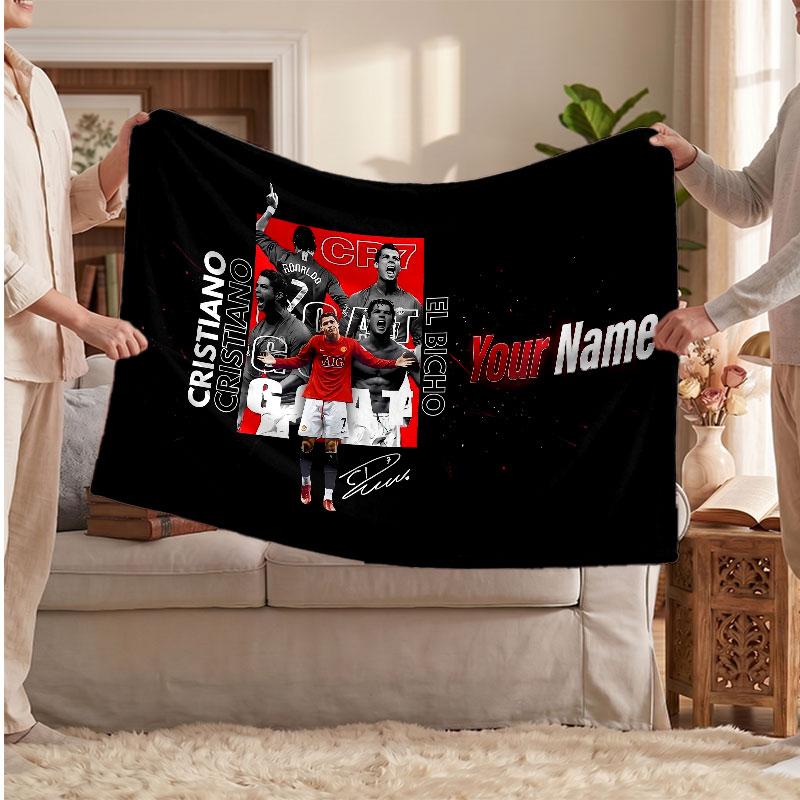 Cristiano Ronaldo Personalized Fleece Blanket With Football Logo, Custom Name Text Soft Warm Home Throw Blanket