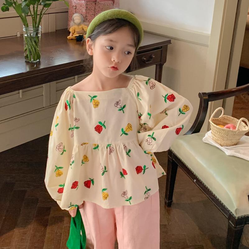 

Детская одежда, рубашка для девочек, блузка с квадратным вырезом и цветочным принтом, длинными рукавами, детская верхняя одежда для девочек 7