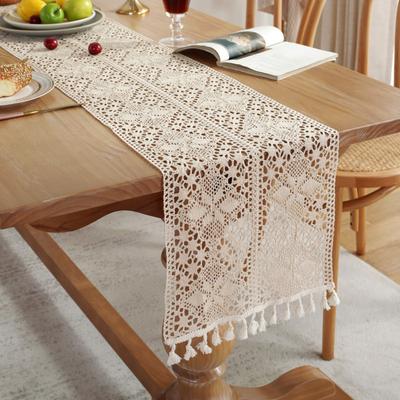 Runner da Tavola Bohémien, Runner da Tavola in Uncinetto Beige con Frange, Pizzo Intrecciato Pastorale Romantico Fresco Casual, Adatto per la Decorazione della Casa