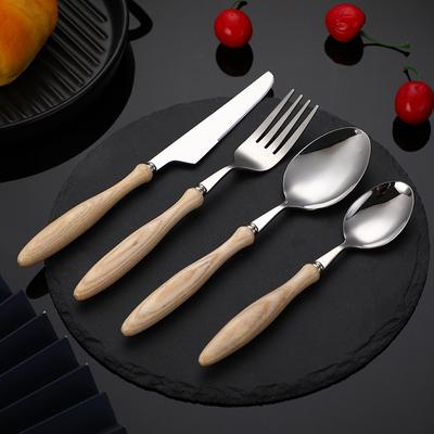 Ensemble de 4 Pièces de Couverts à Manche en Bois Acier Inoxydable Fourchette de Table Cuillère à Café Couteau à Steak Vaisselle Japonaise Accessoires de Cuisine