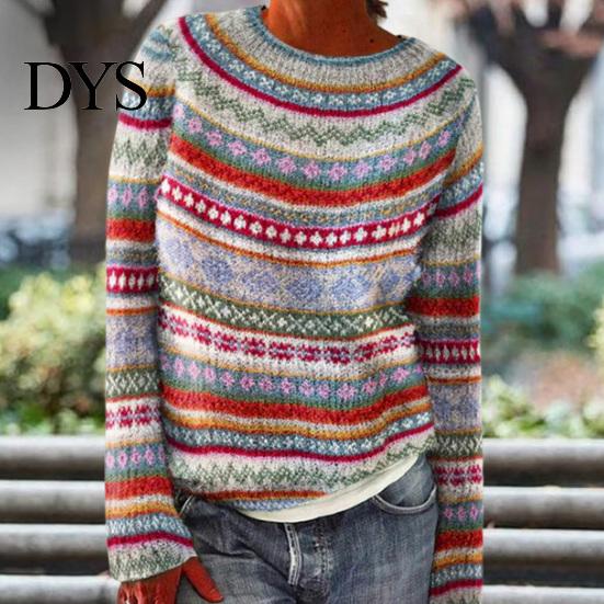 Comfortable Pullover Women Sweater Crew Neck Design Long Sleeve Patchwork Breathable Color Knitting Jumper Loose Fit Casual Knitwear Soft Knit Top