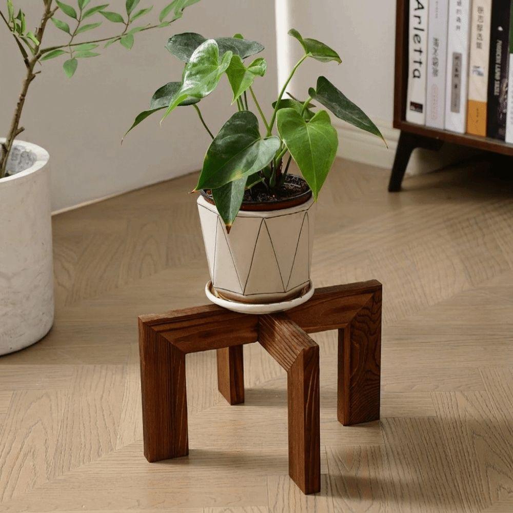 Pine Wood Flower Pot Rack Brown Wood Grain Cross Display Stand Tabletop Plant Shelf Living Room
