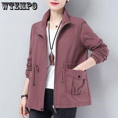 Doppelschicht Frauen Plus Größe Frühling Herbst Koreanische Plus Größe Futter Windjacke Kordelzug Taille Stehkragen Jacke