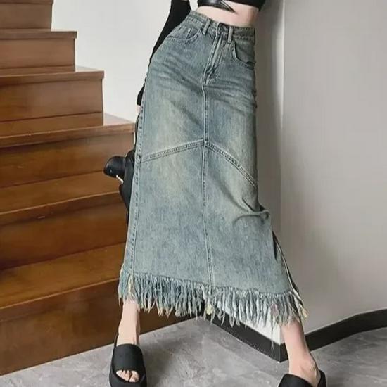 Fustă Midi din Denim Patchwork cu Ciucuri 2024 - Damă Talie Înaltă Vintage Slim Fit