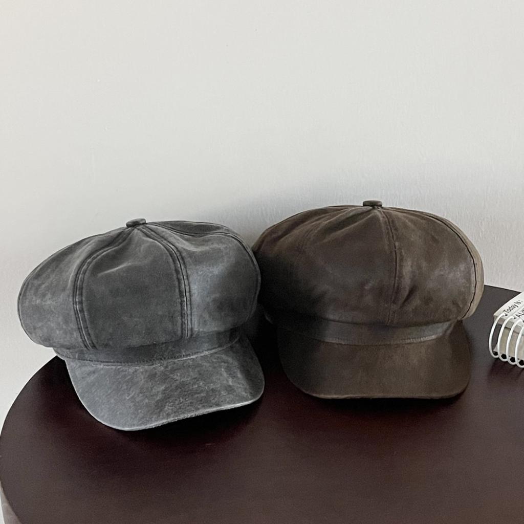 Autumn New Style Retro Aged Leather Washed Octagonal Hat for Women British Style Painter Hat Street Style Newsboy Hat Showing Small Face