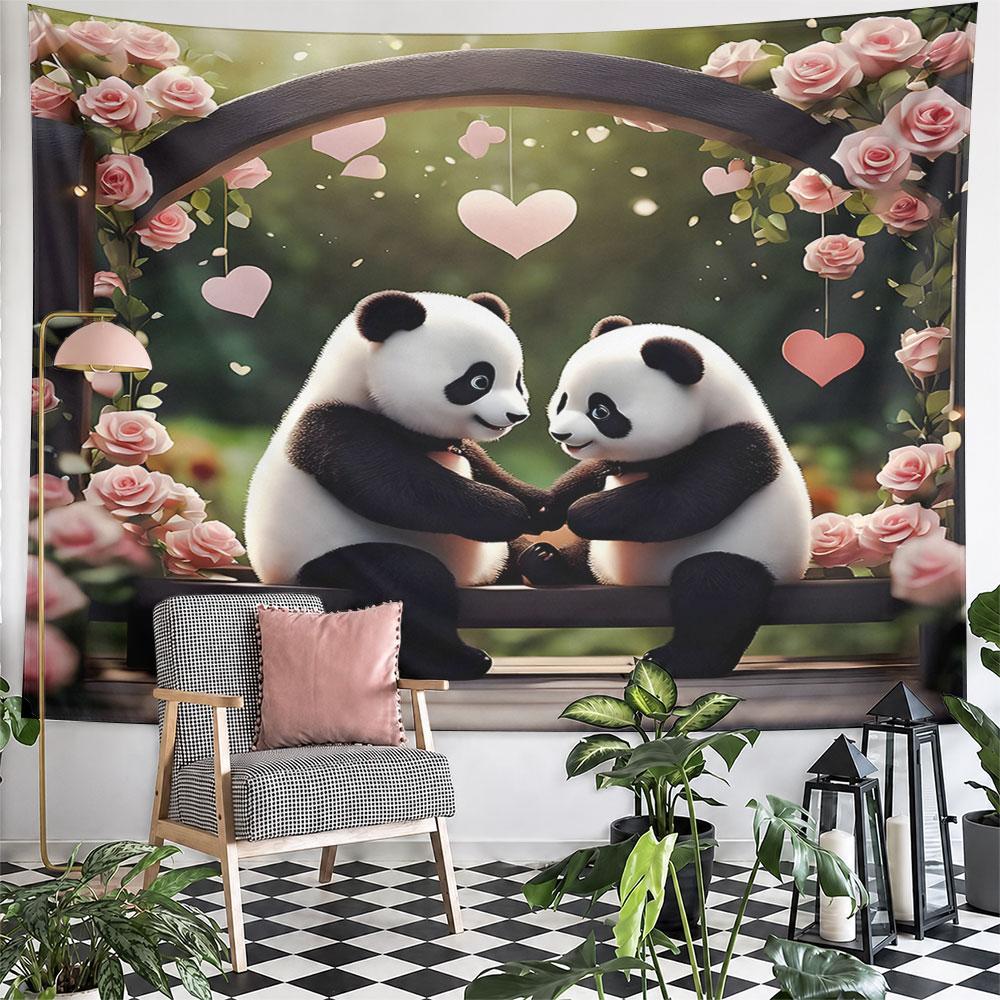 "Romantic Panda Couple with Roses" Pattern Wall Hanging Tapestry Decorative Tapestry Home Decor for Bedroom and Living Room