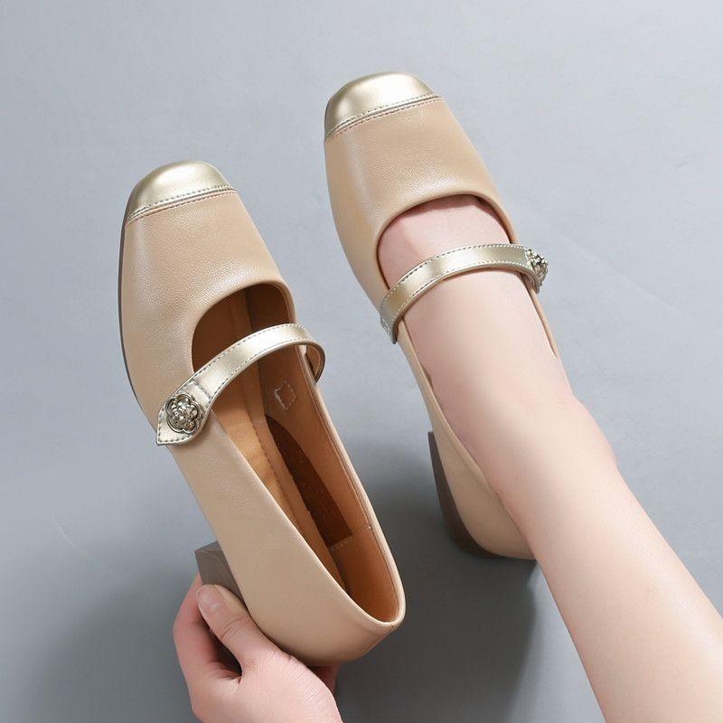 women fashion sweet light brown comfort square heel shoes for office career party lady elegant beige footwear ab545