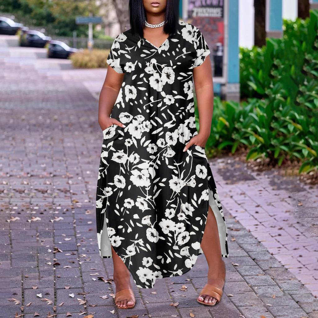 Women Floral Maxi Dress Summer Casual Short Sleeve Dress Sundress V-Neck Long Dresses With Pockets Beach Vacation