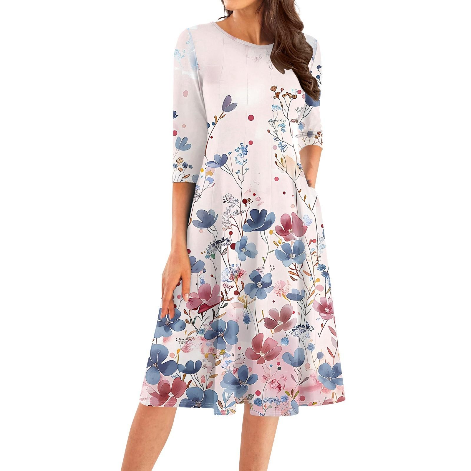 

Женское повседневное модное платье миди с круглым вырезом и рукавом три четверти M розовый