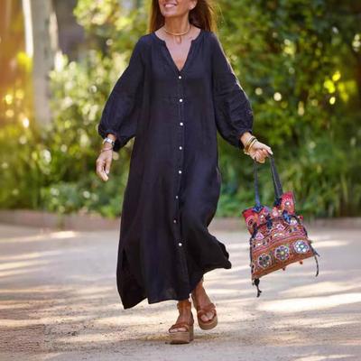Spring Autumn Dress Button-down Three-quarter Sleeves Loose Maxi Dress Pure Color V Neck