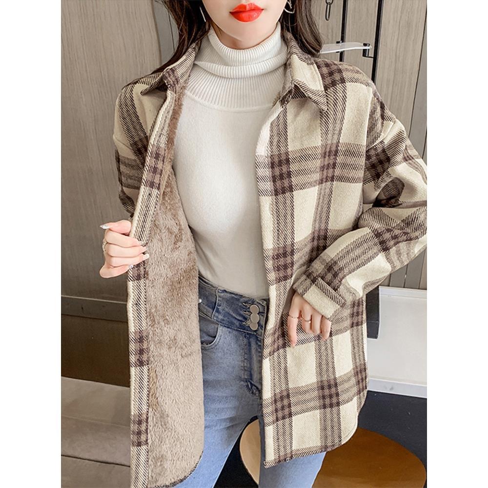 Women Thick Plush Warm Plaid Shirts Vintage Pocket Loose Blouse Autumn Winter Female Casual Korean Long Sleeve Tops