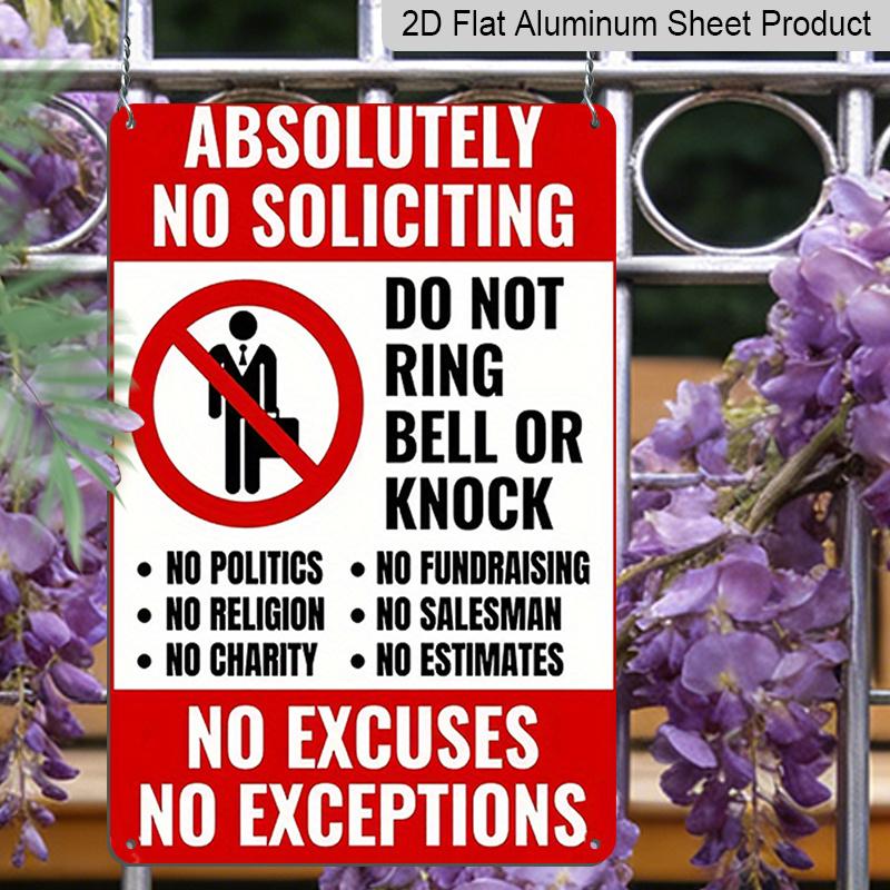 2D Flat, 1pc Vintage "No Soliciting" Metal Door Sign - Aluminium No Knock/No Ring Bell Decoration, 8x12 Inch - "Do Not Ring Bell or Knock" Message